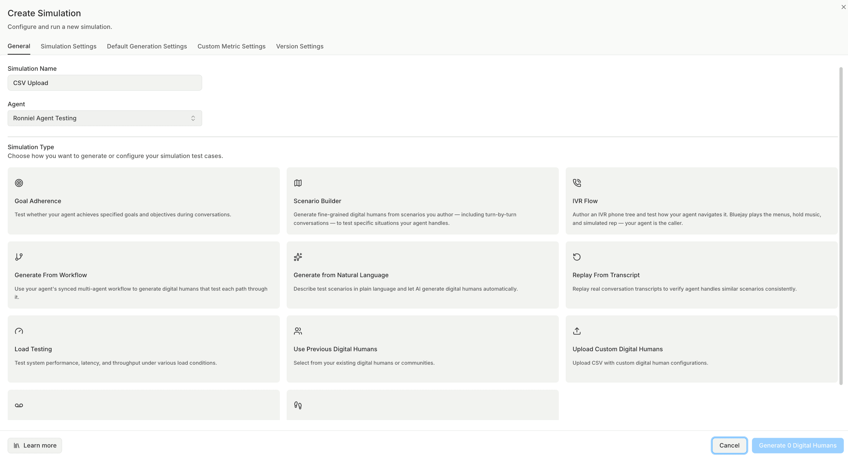 Bluejay create simulation screen listing simulation types including goal adherence, scenario builder, IVR flow, load testing and replay from transcript.
