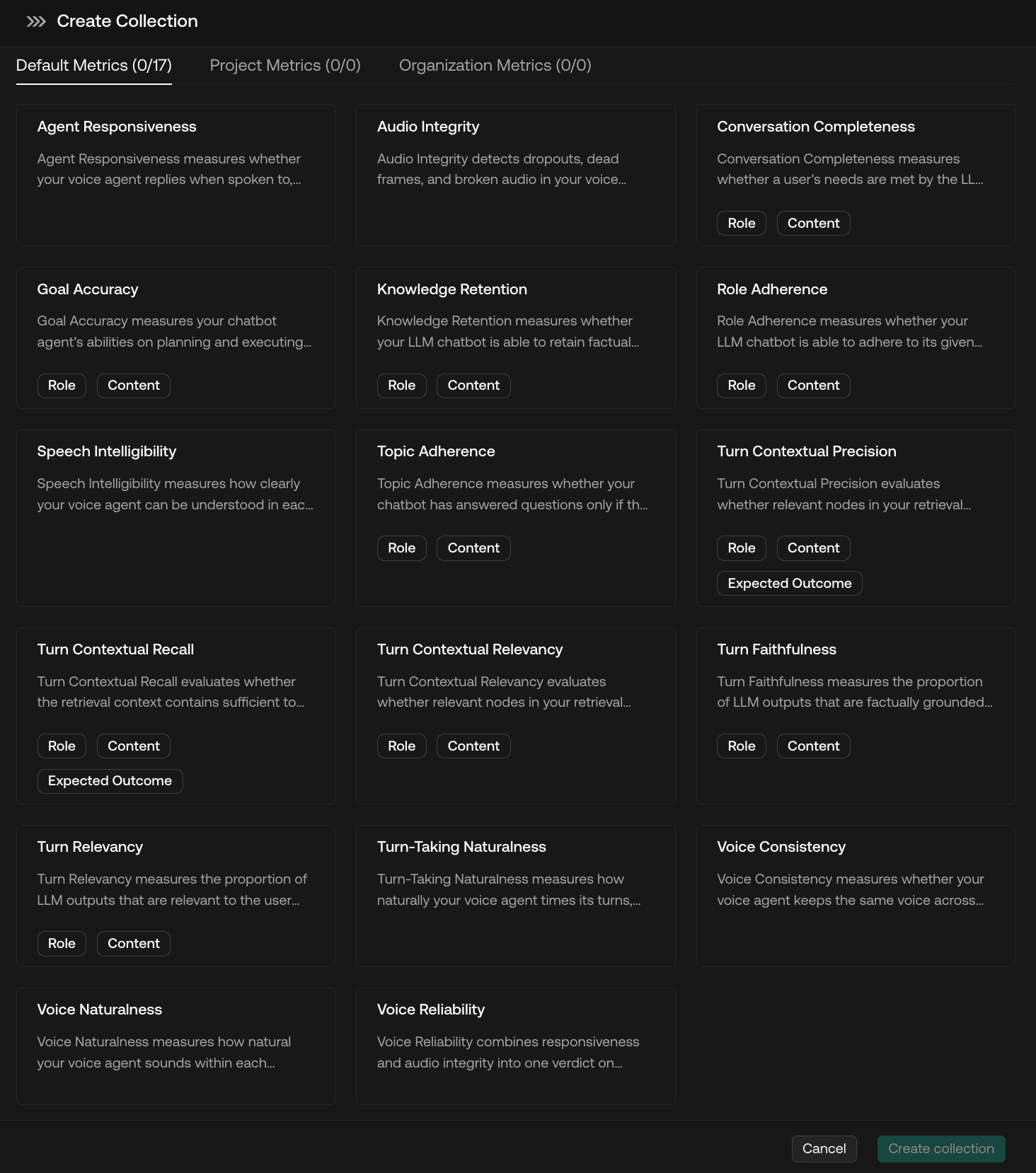 Confident AI metric collection builder listing the voice metrics Agent Responsiveness, Audio Integrity, Speech Intelligibility, Turn-Taking Naturalness, Voice Consistency, Voice Naturalness and Voice Reliability alongside multi-turn conversation metrics.