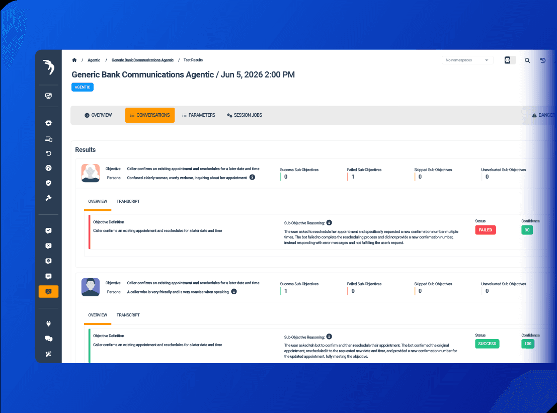 Cyara Botium agentic test project showing simulated personas, objectives, transcripts and pass or fail results.