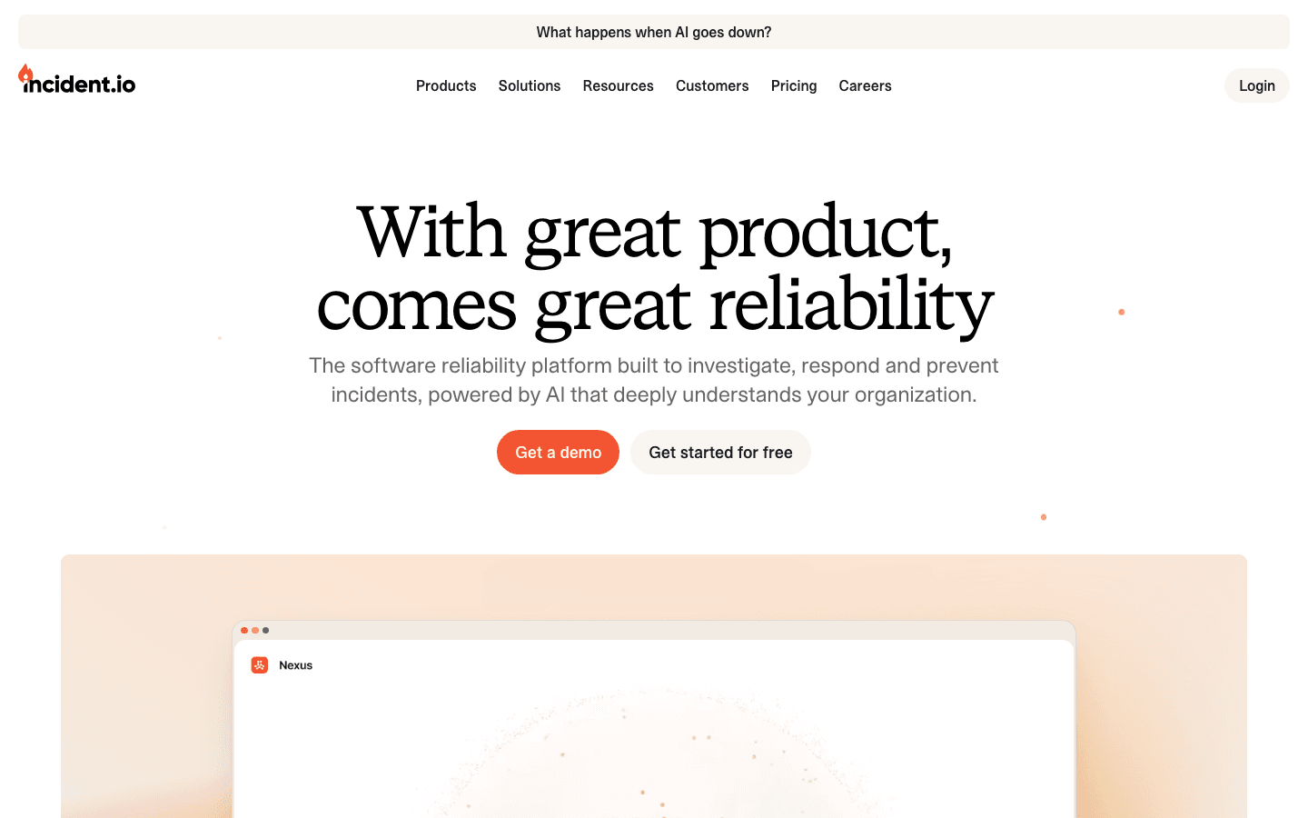 incident.io platform page showing its incident response, on-call, and reliability workflow.