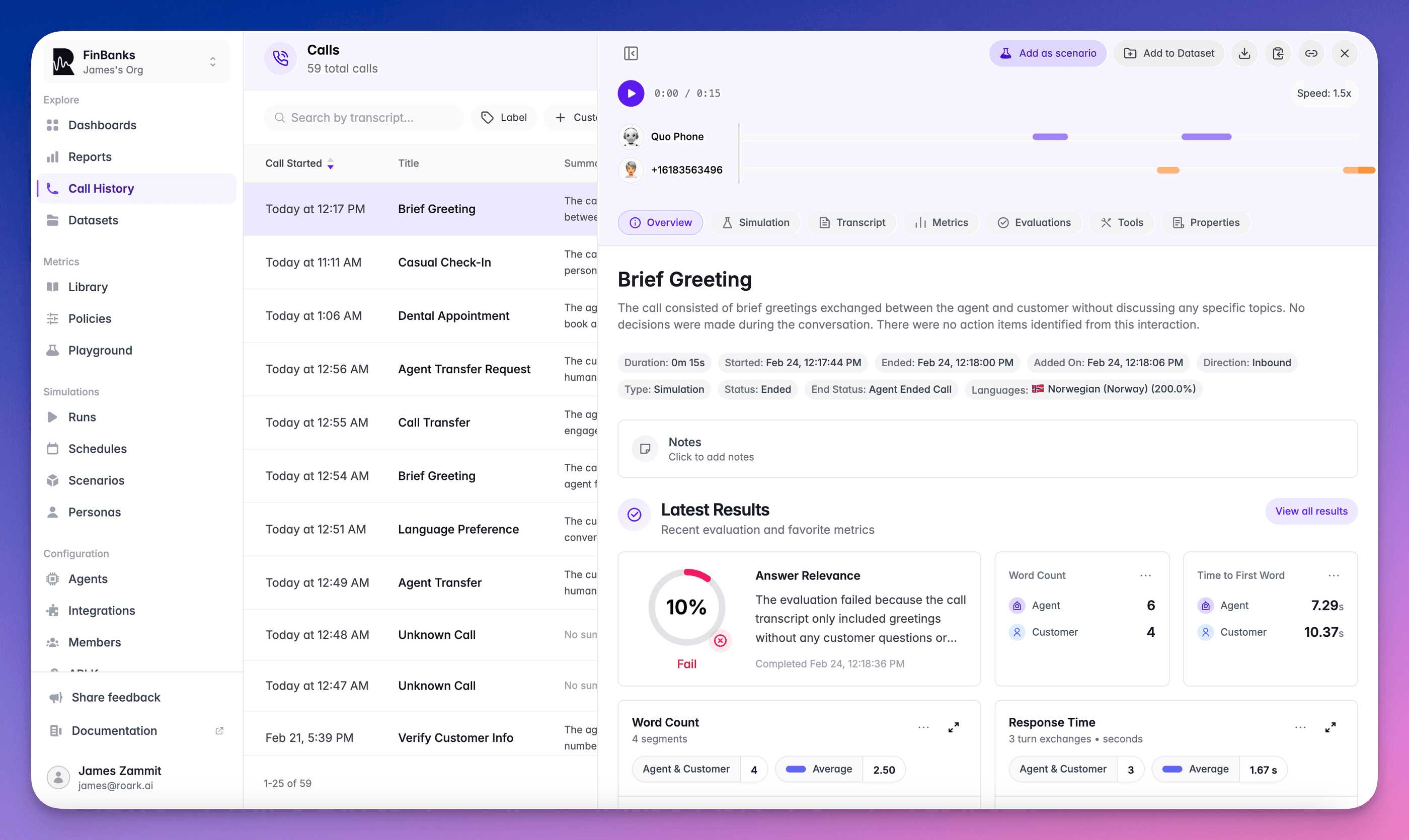Roark call history with a selected call showing audio playback, call metadata and evaluation results such as answer relevance and time to first word.