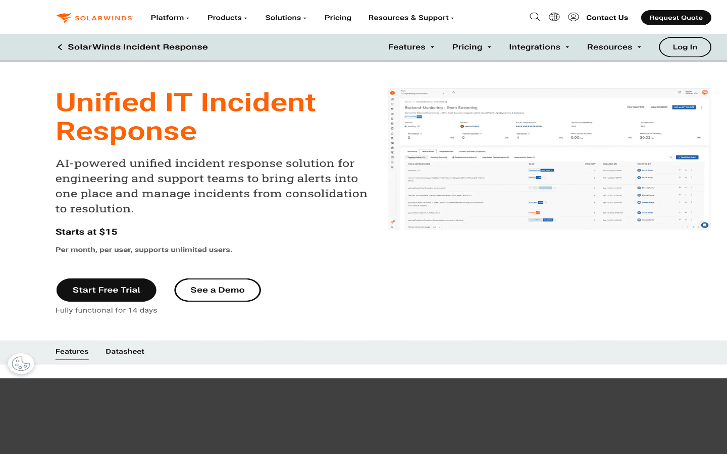 SolarWinds Incident Response page showing its unified on-call and incident response dashboard.