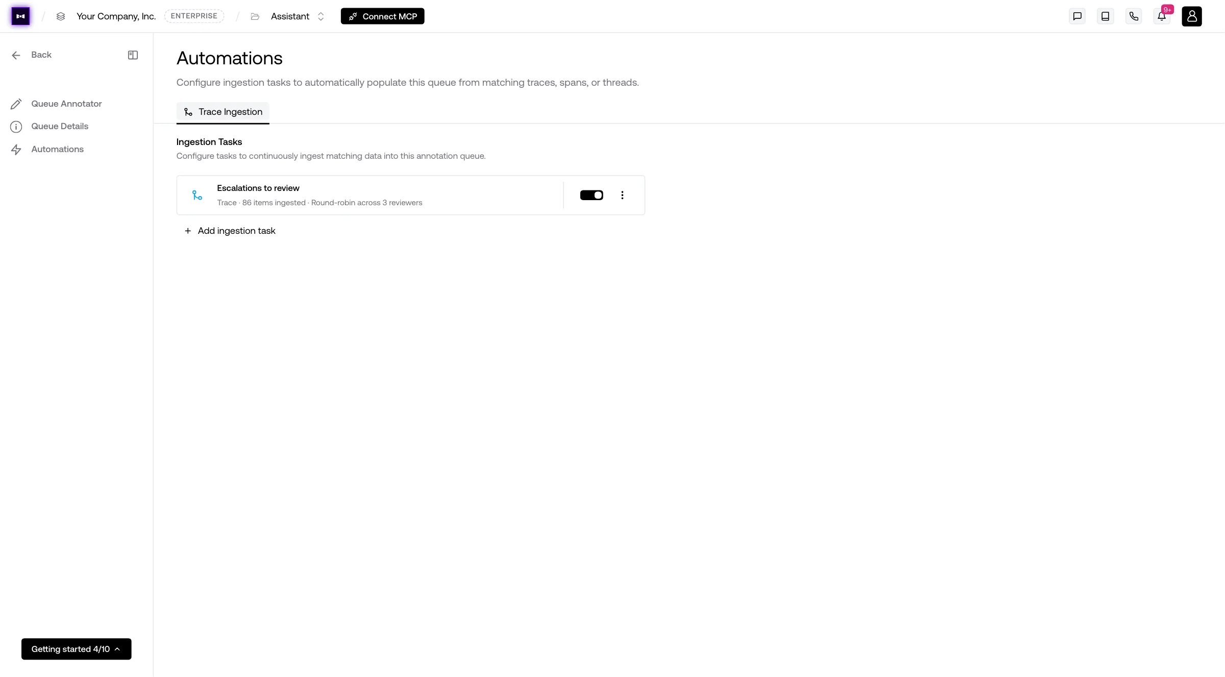 Automations page for a queue: the Escalations to review ingestion task, trace, 86 items ingested, round-robin across 3 reviewers, switched on