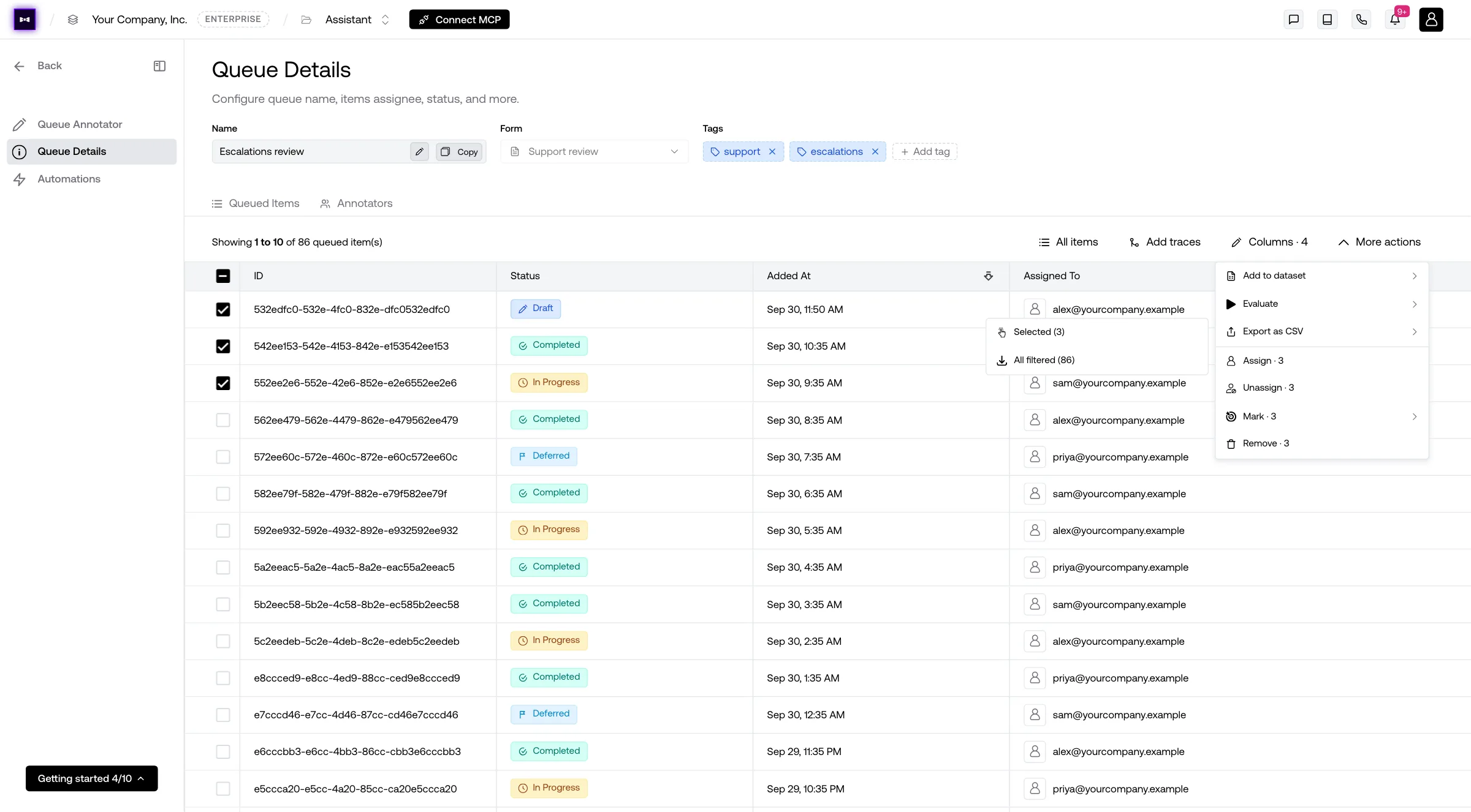 Queued Items with three items ticked and More actions open on Export as CSV, offering Selected (3) and All filtered (86)