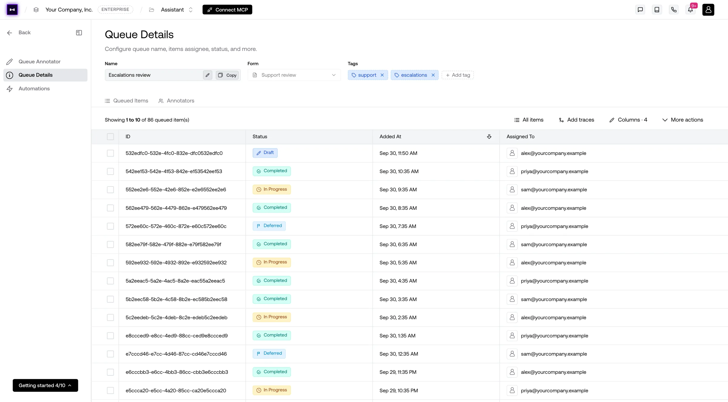 Queue Details for Escalations review: its name, form and tags, and the Queued Items table with each item's status, added time and assignee