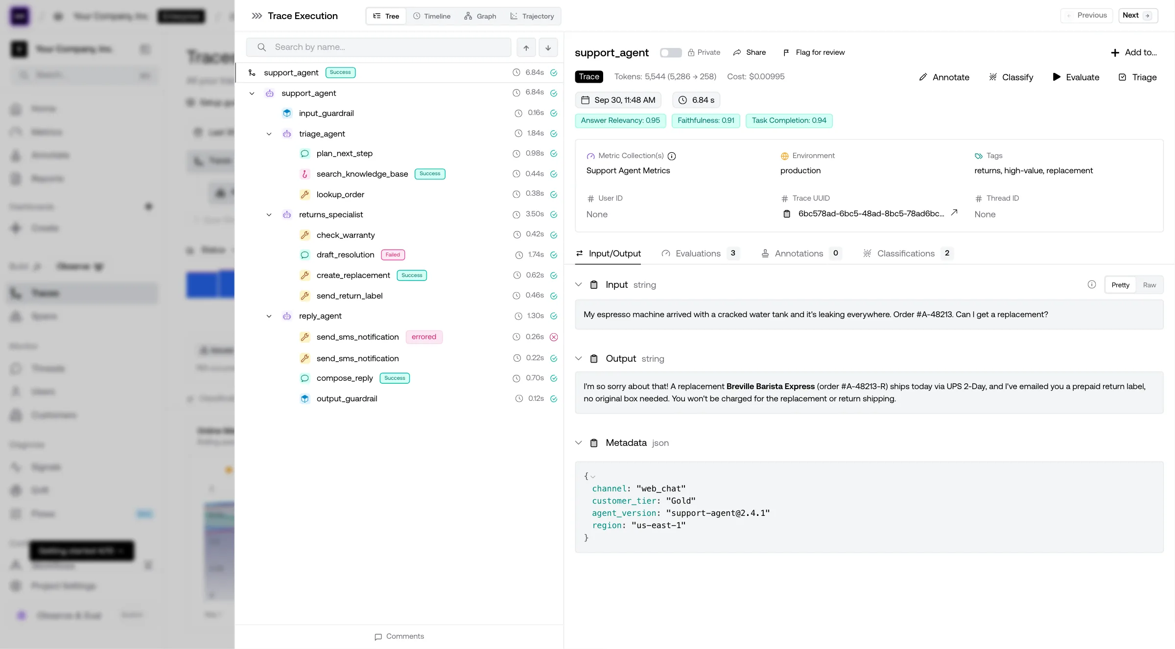 Trace panel for a support agent run: its span tree, online metric scores, metadata, input and output