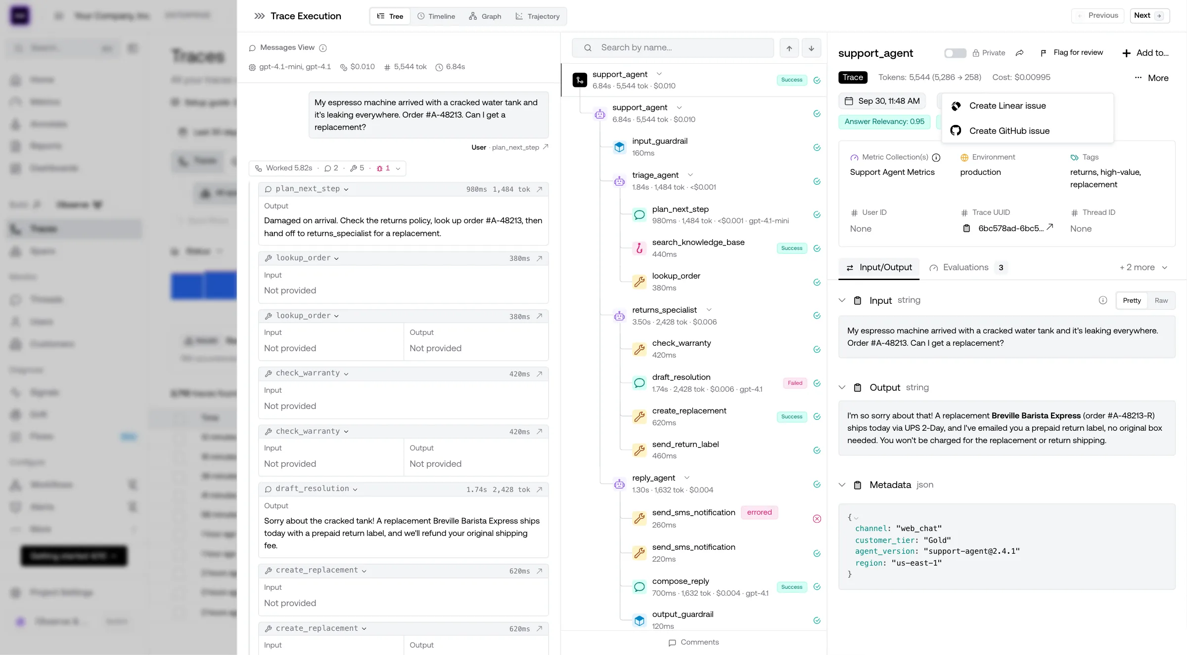 Trace panel with the Triage menu open, offering Create Linear issue and Create GitHub issue