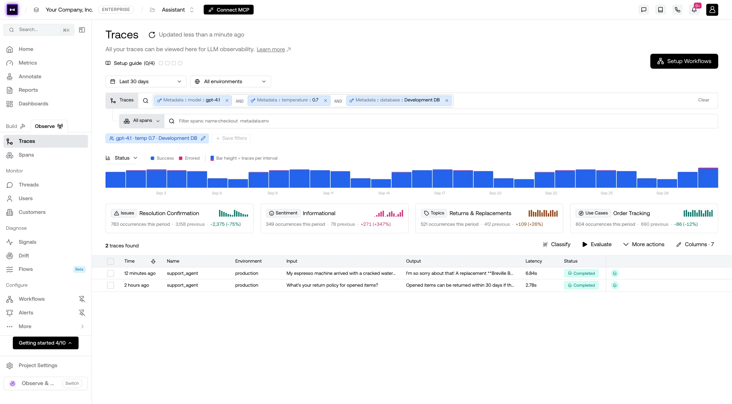 Traces filtered by metadata model gpt-4.1, temperature 0.7 and database Development DB, showing the 2 matching traces