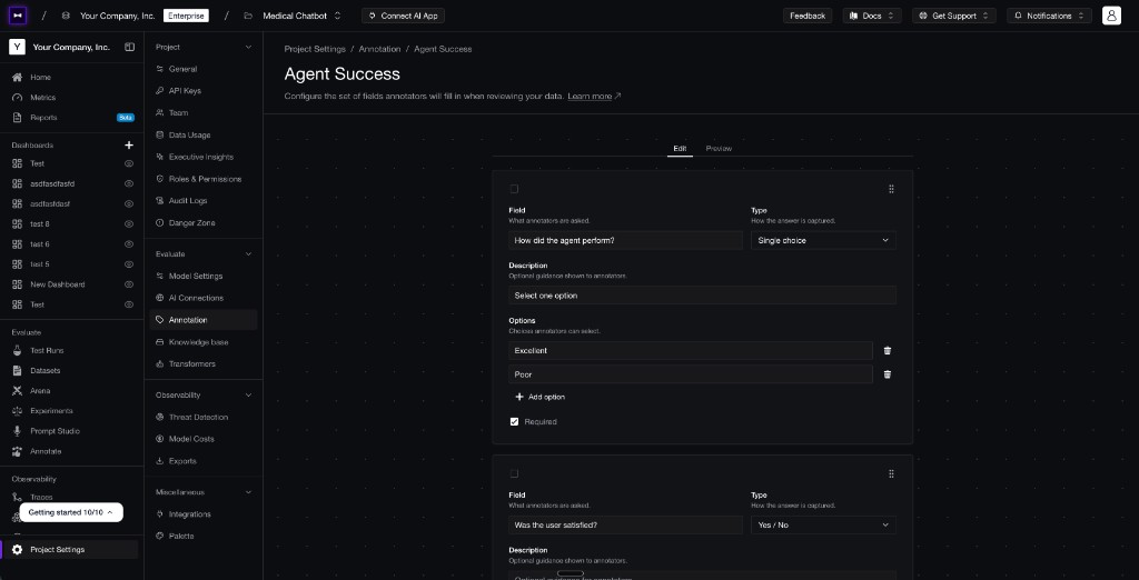 Configuring a failure-review annotation form on Confident AI with per-criterion questions like 'How did the agent perform?' and 'Was the user satisfied?'