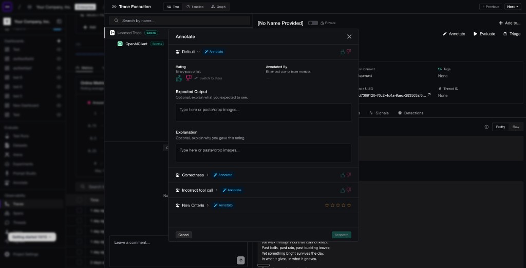 Annotating a trace on Confident AI with a rating, expected output, explanation, and custom criteria like correctness and incorrect tool call.