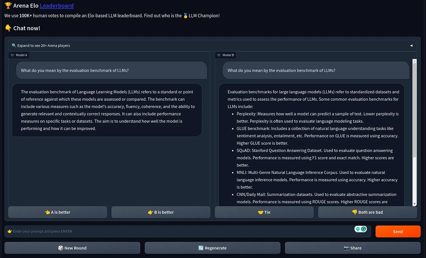 Chatbot Arena interface with two anonymous models answering the same prompt about LLM benchmarks and buttons to vote which is better