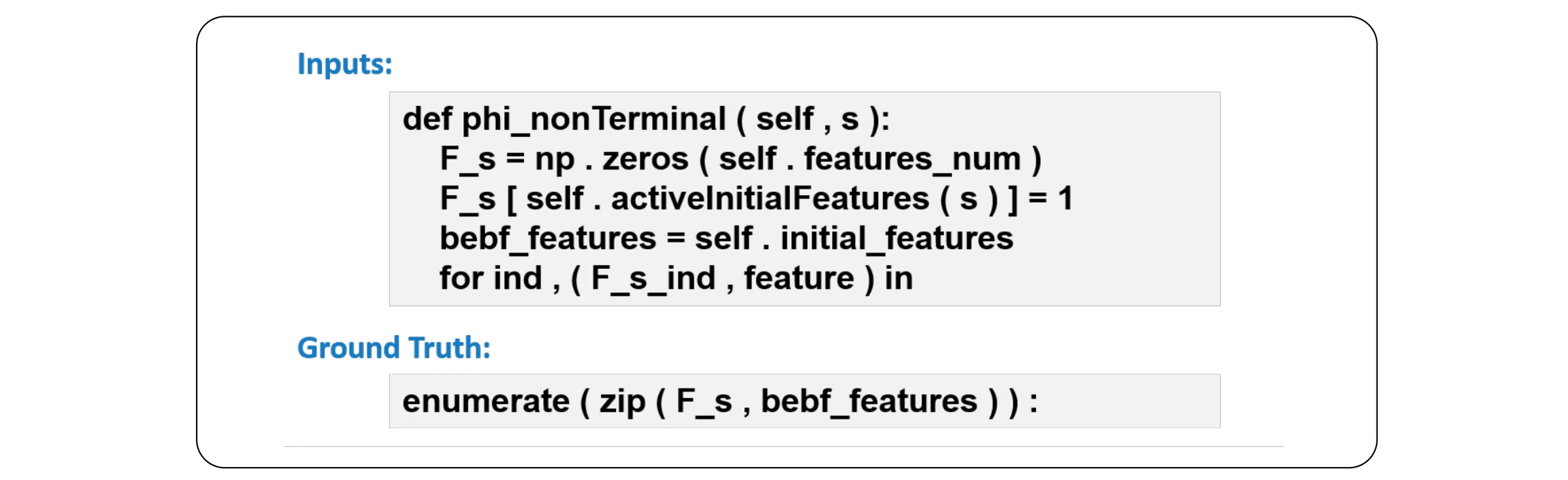 CodeXGLUE example with a partial Python function as input and the ground truth completion enumerate(zip(F_s, bebf_features)):