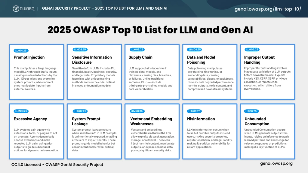 Grid of ten cards listing the 2025 OWASP Top 10 LLM risks, from LLM01 Prompt Injection to LLM10 Unbounded Consumption, with short definitions