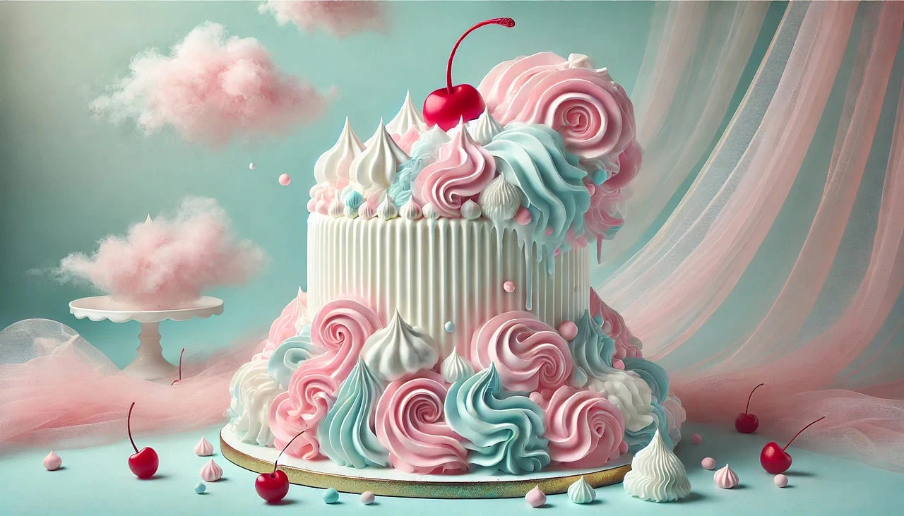 Tall white cake covered in pink, blue, and white frosting swirls with a red cherry on top, surrounded by pink clouds and cherries