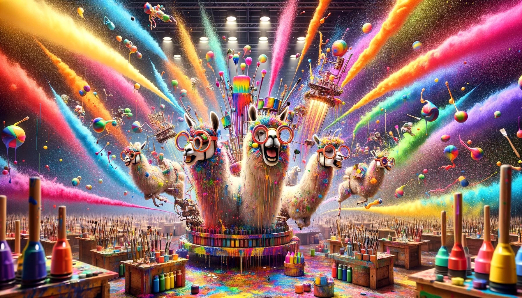 Cartoon llamas in round glasses covered in paint, surrounded by rainbow powder bursts, brushes, and paint bottles in a large hall