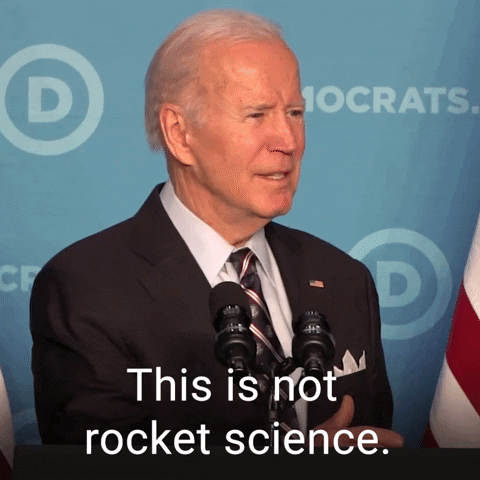 Man in a suit at a podium before a blue Democrats backdrop, captioned "This is not rocket science."
