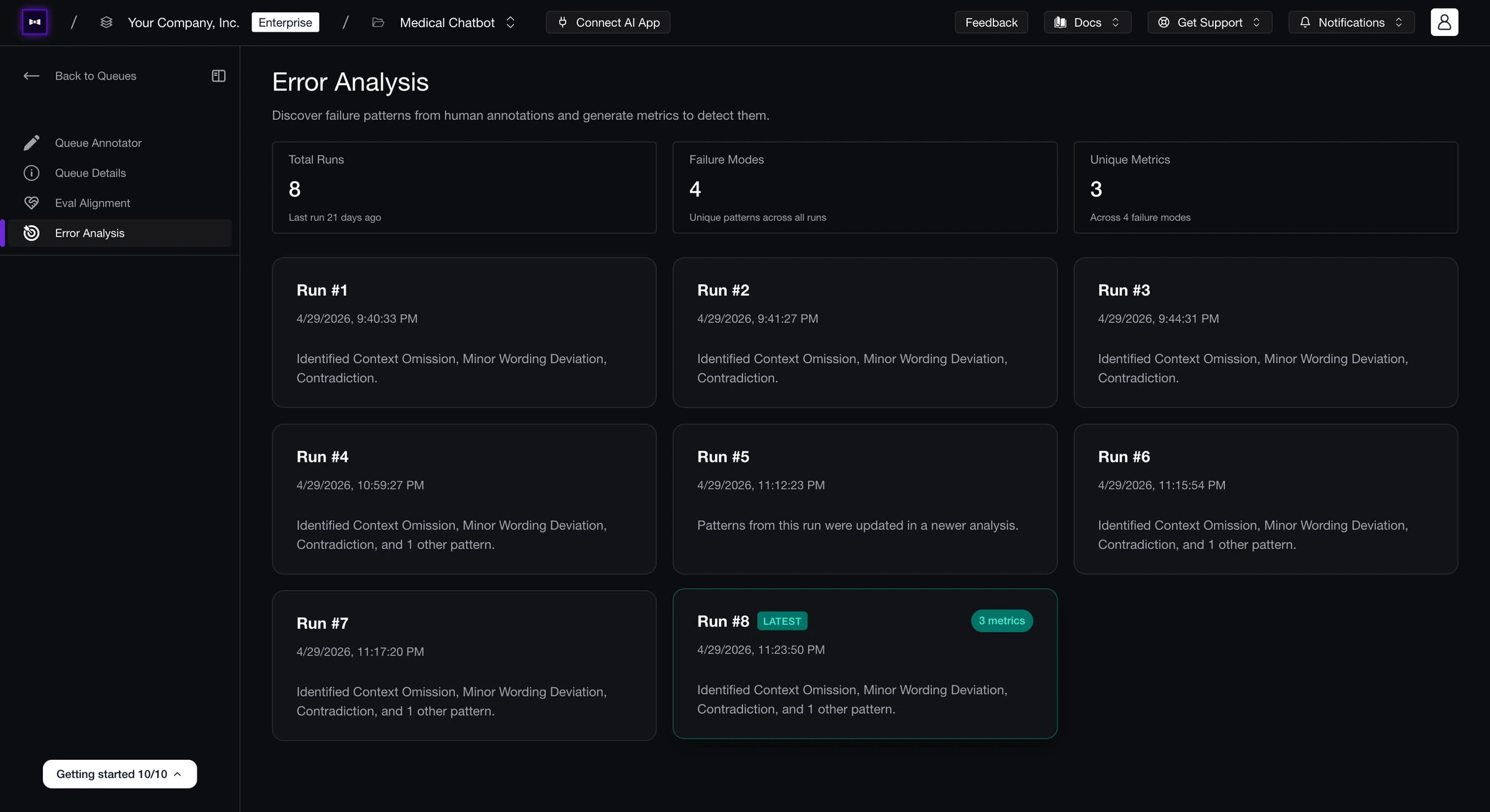 Error Analysis page with stats for 8 runs, 4 failure modes, 3 metrics, and cards for runs 1–8 listing failure patterns, run 8 marked Latest