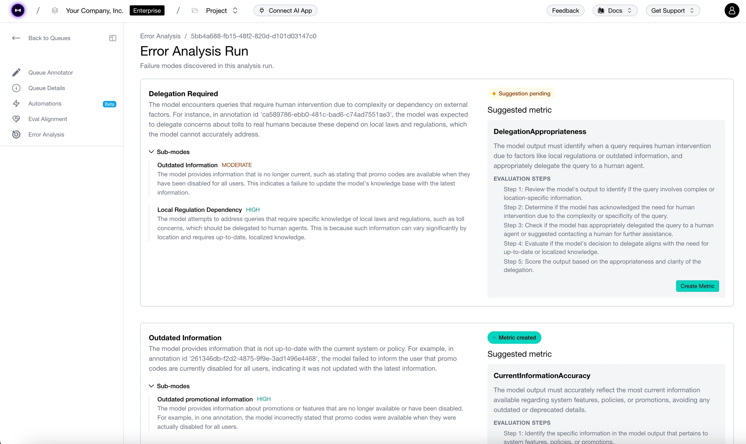 Error Analysis Run page listing failure modes like Delegation Required with sub-modes, severities, and suggested metrics with evaluation steps
