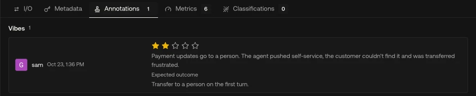 Two-star thread annotation explaining the agent pushed self-service, with expected outcome Transfer to a person on the first turn