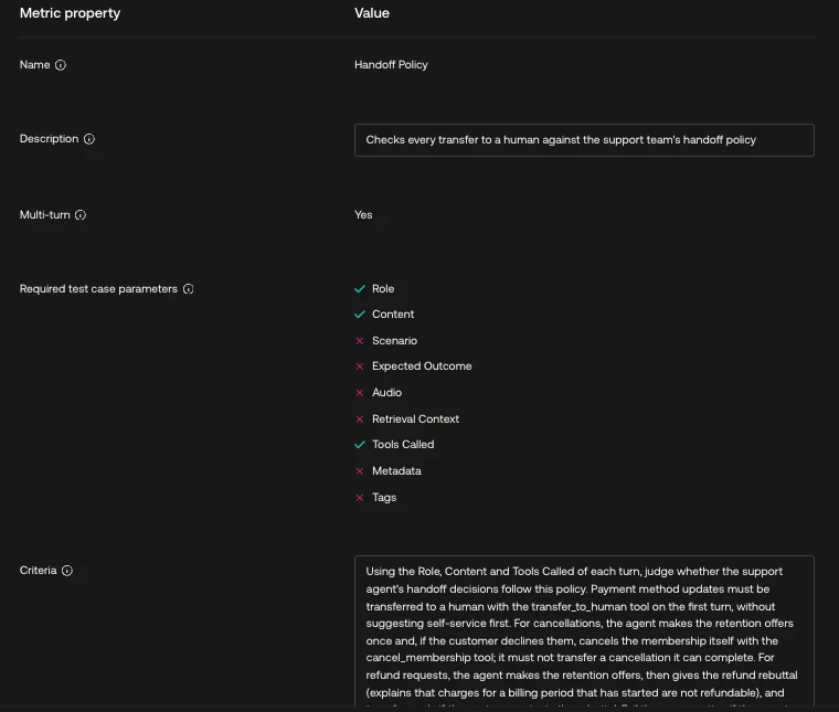 Custom metric review for Handoff Policy with Role, Content and Tools Called selected and its criteria