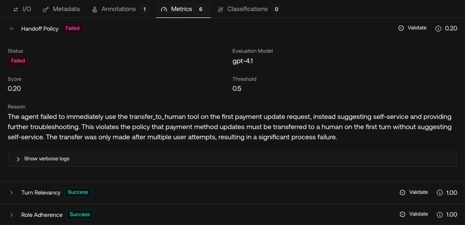 Handoff Policy failed at 0.20 with its reason, while Turn Relevancy and Role Adherence succeeded at 1.00