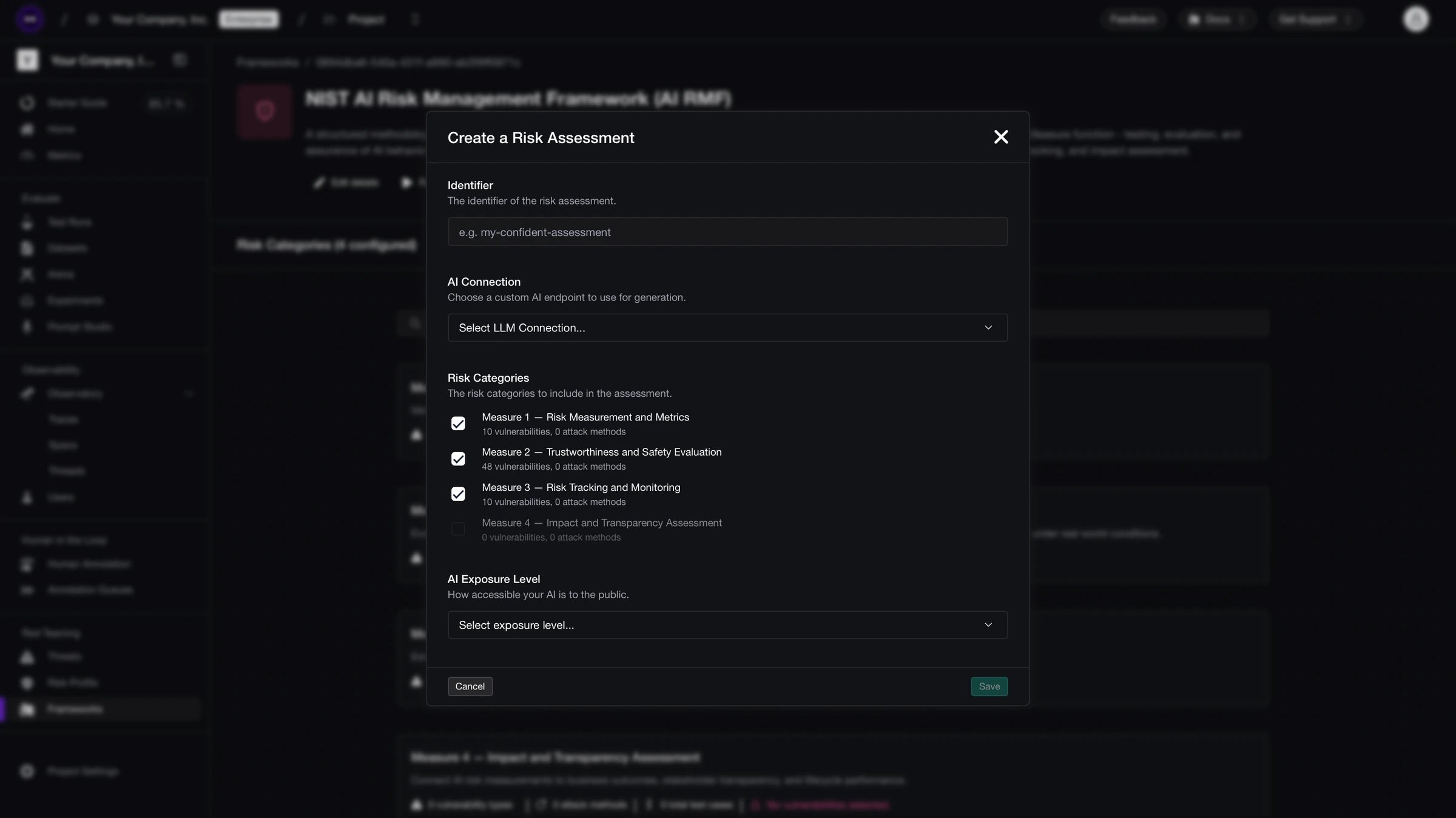 Create a Risk Assessment modal with identifier, AI connection, NIST risk category checkboxes, and AI exposure level fields