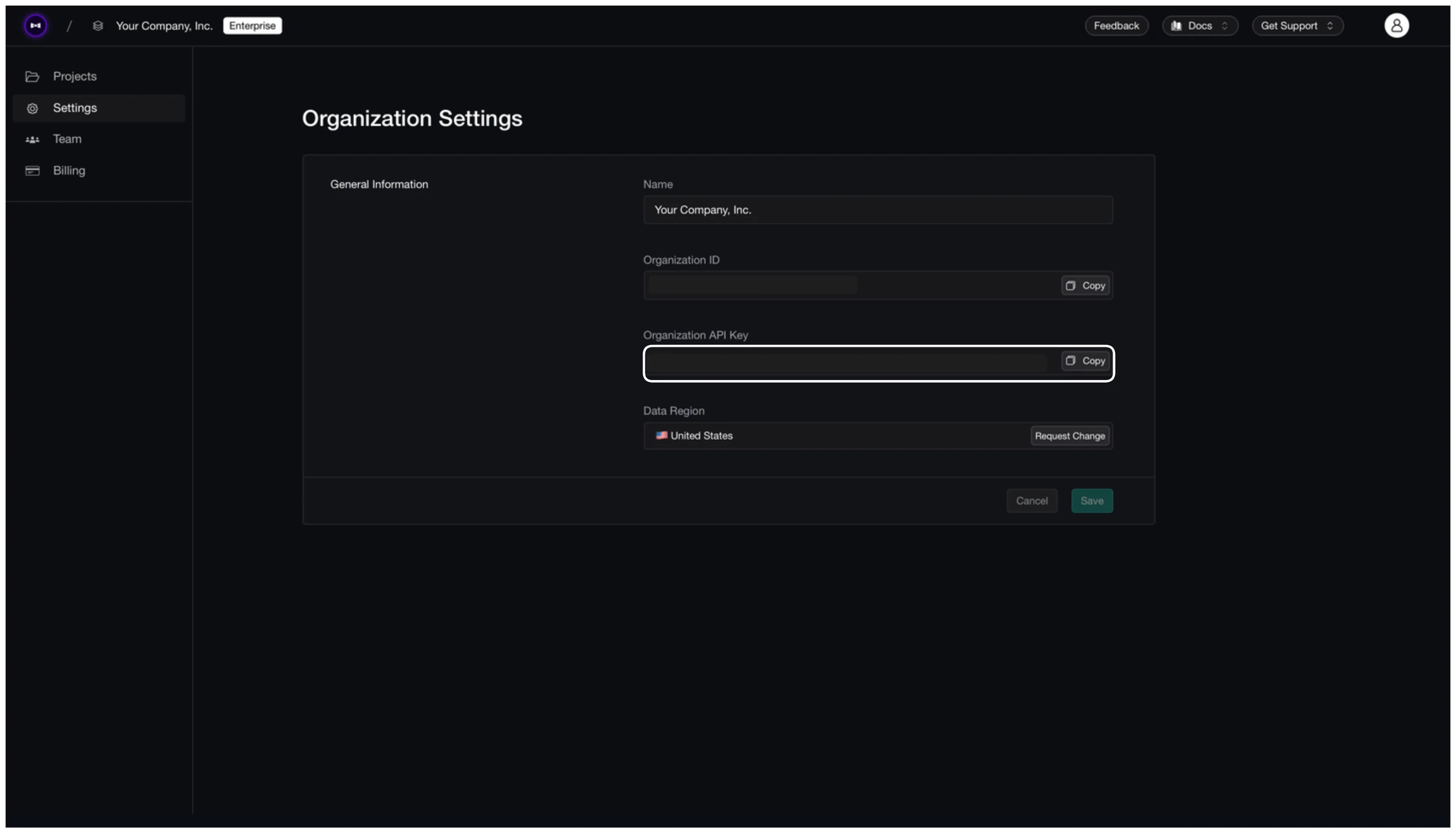 Confident AI Organization Settings page with the Organization API Key field highlighted next to a Copy button