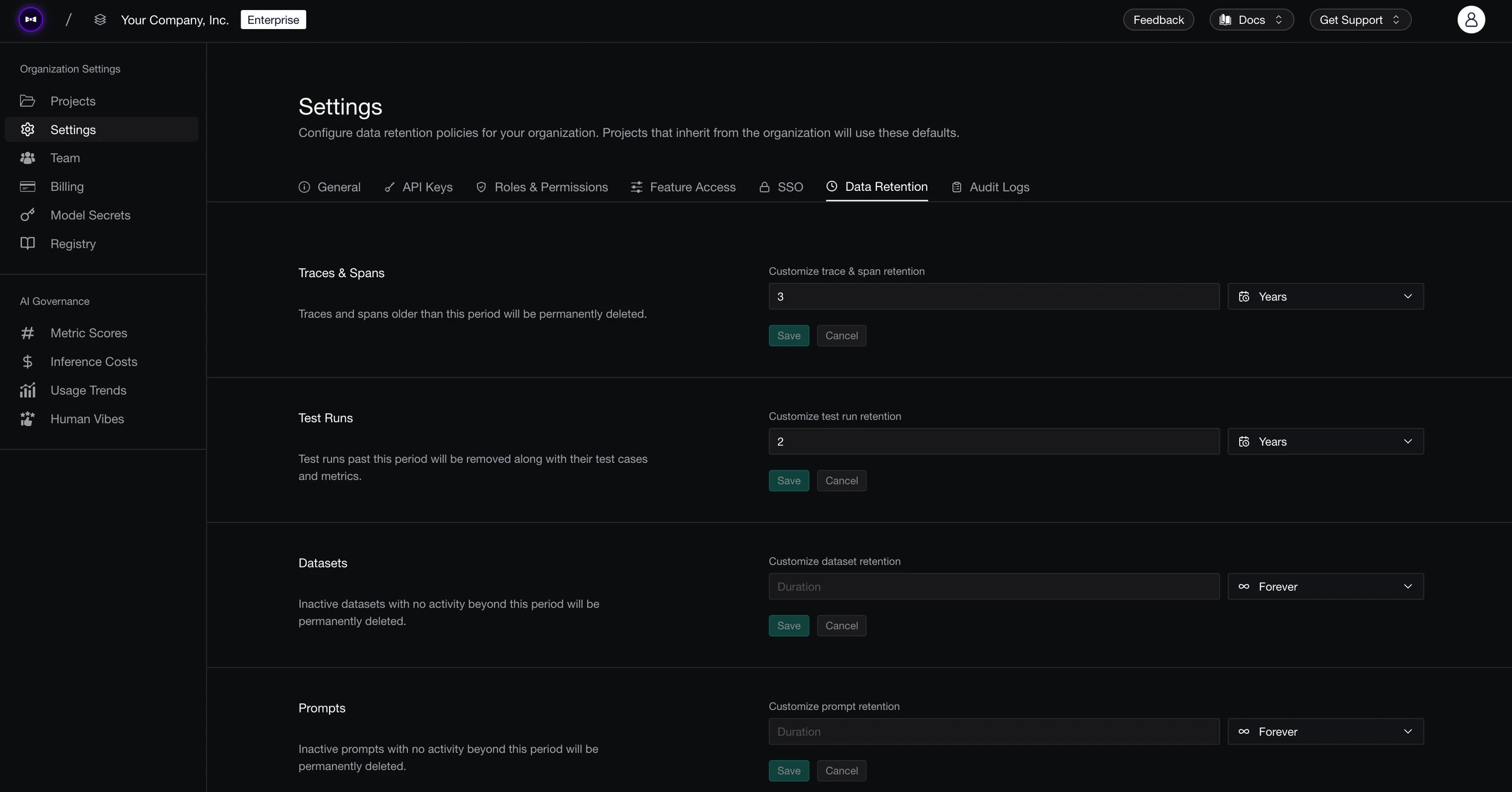 Organization Data Retention settings: traces and spans kept 3 years, test runs 2 years, datasets and prompts kept forever