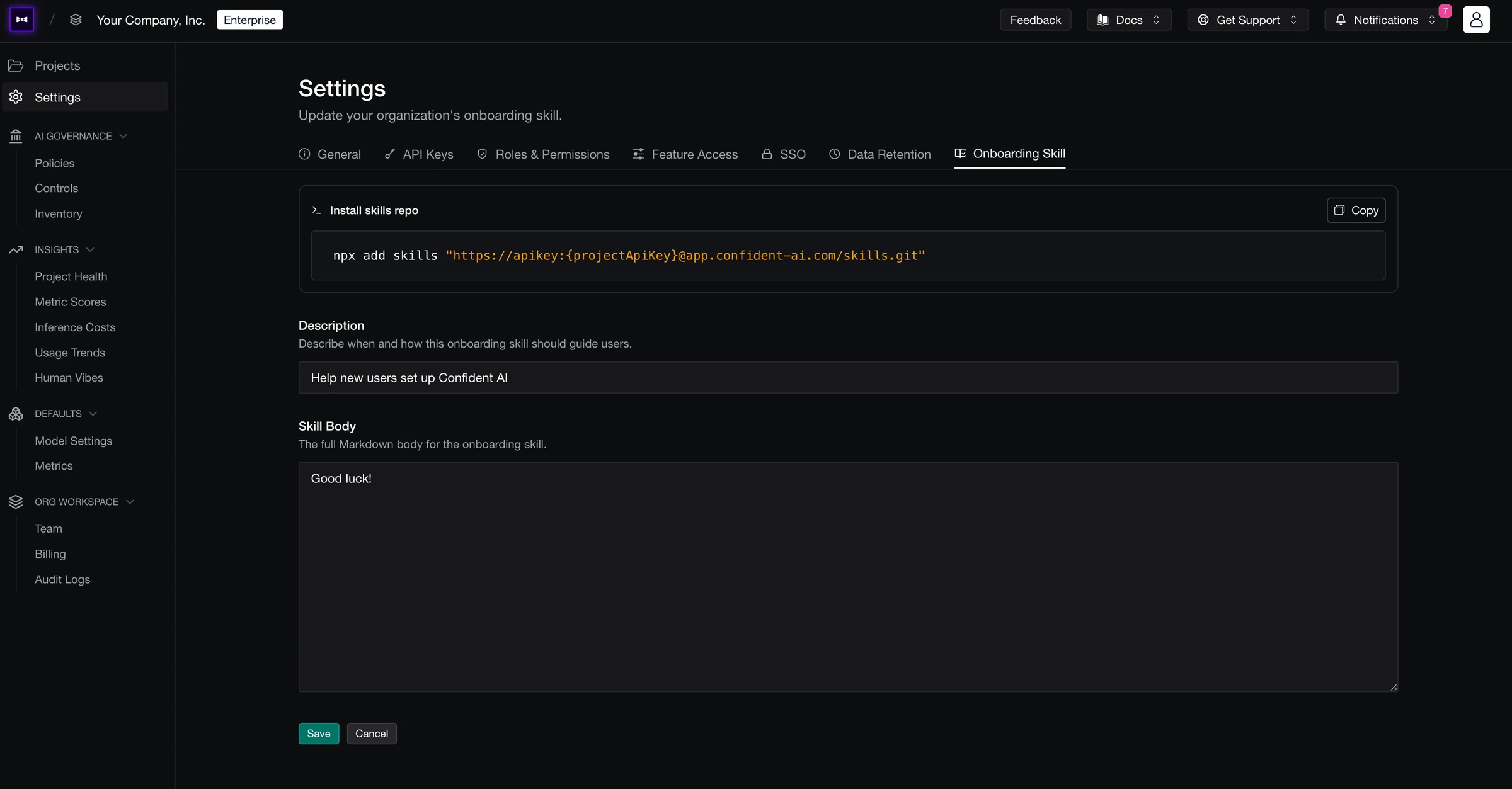 Onboarding Skill settings tab with an npx add skills install command, a description field, and a Markdown skill body editor