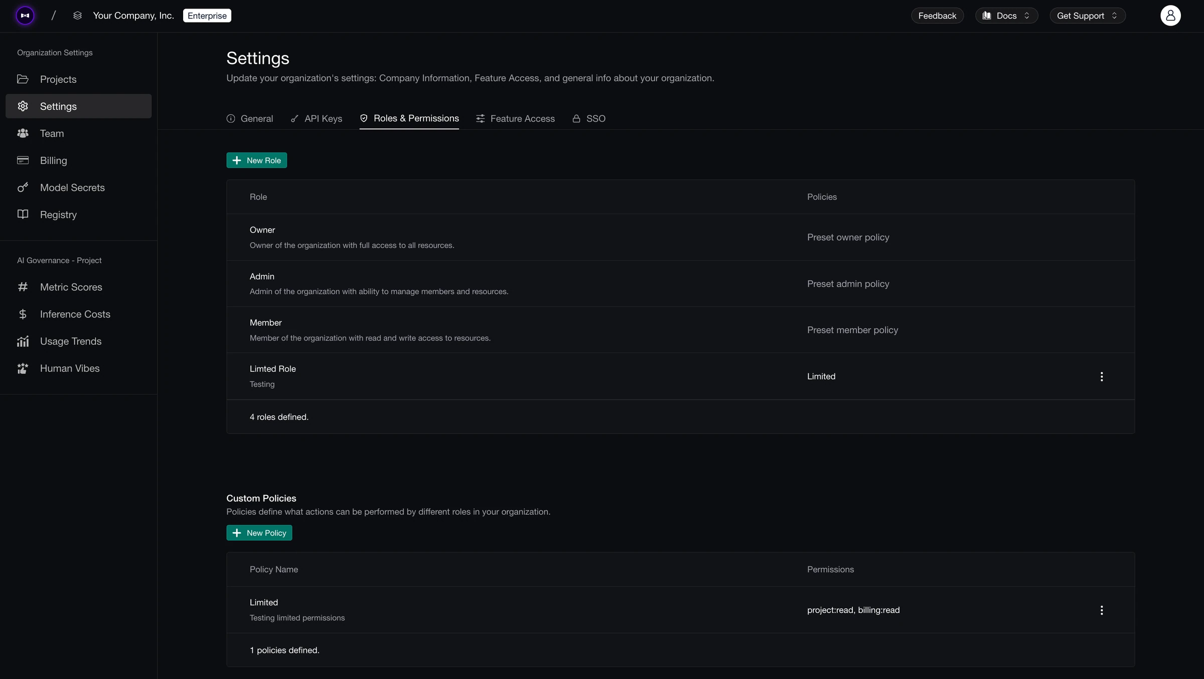 Organization Roles & Permissions tab listing Owner, Admin, Member and a custom role, plus a custom policy with project:read and billing:read