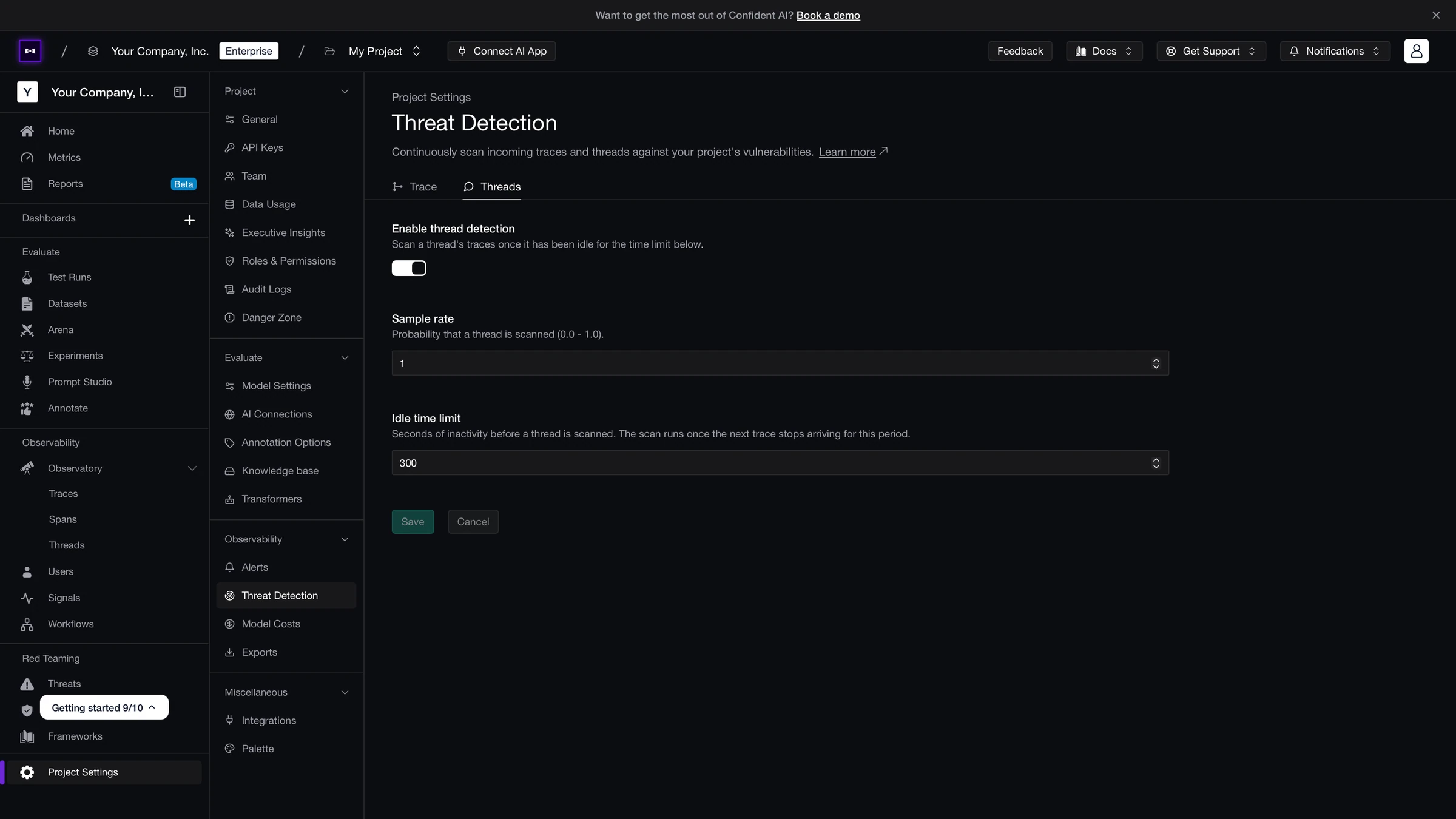 Threat Detection settings on the Threads tab with thread detection enabled, sample rate set to 1, and idle time limit set to 300 seconds