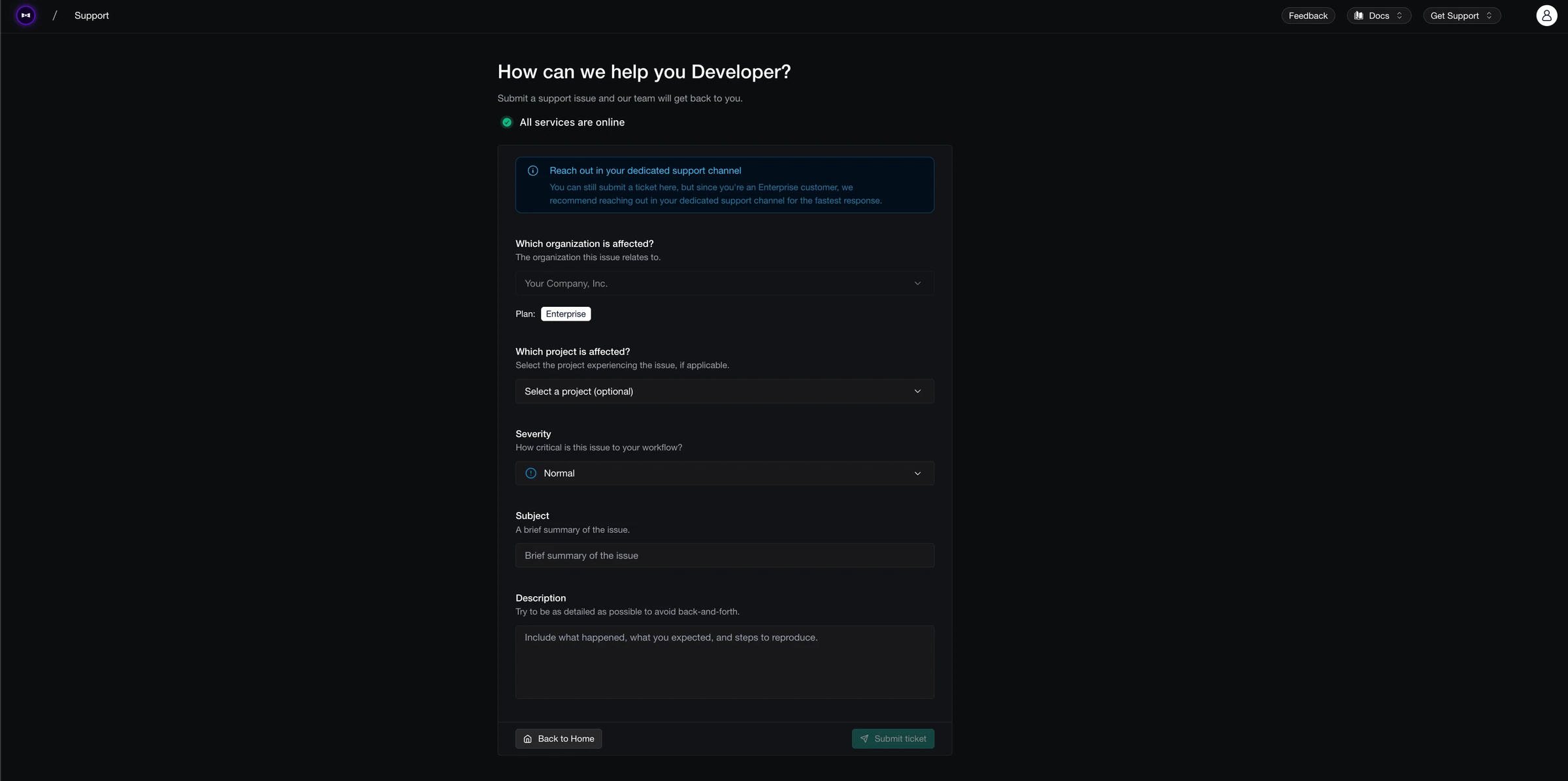 Confident AI support form with organization, project, severity, subject, and description fields and an Enterprise support channel notice