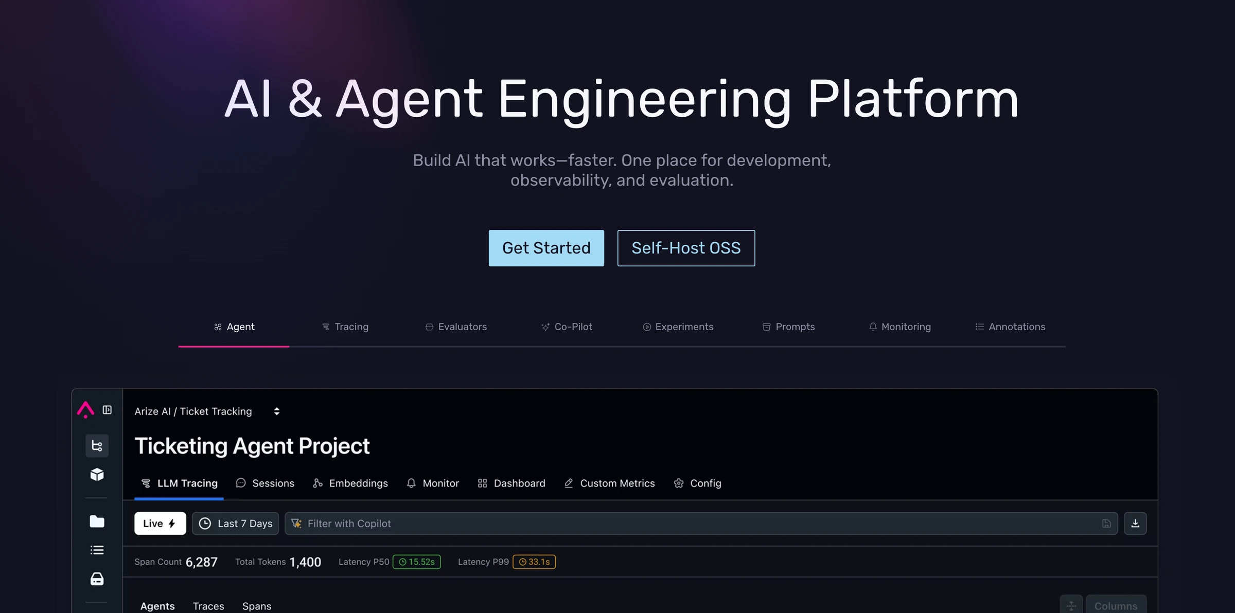 Arize AI landing page reading AI & Agent Engineering Platform, with feature tabs and a Ticketing Agent Project tracing preview