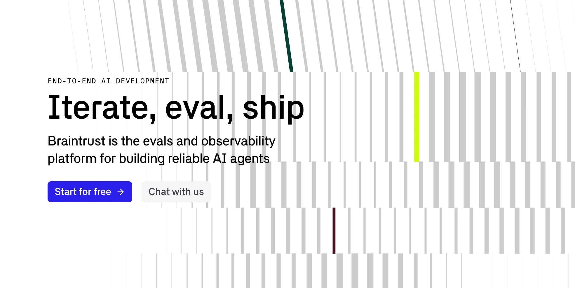 Braintrust landing page reading Iterate, eval, ship, with Start for free and Chat with us buttons