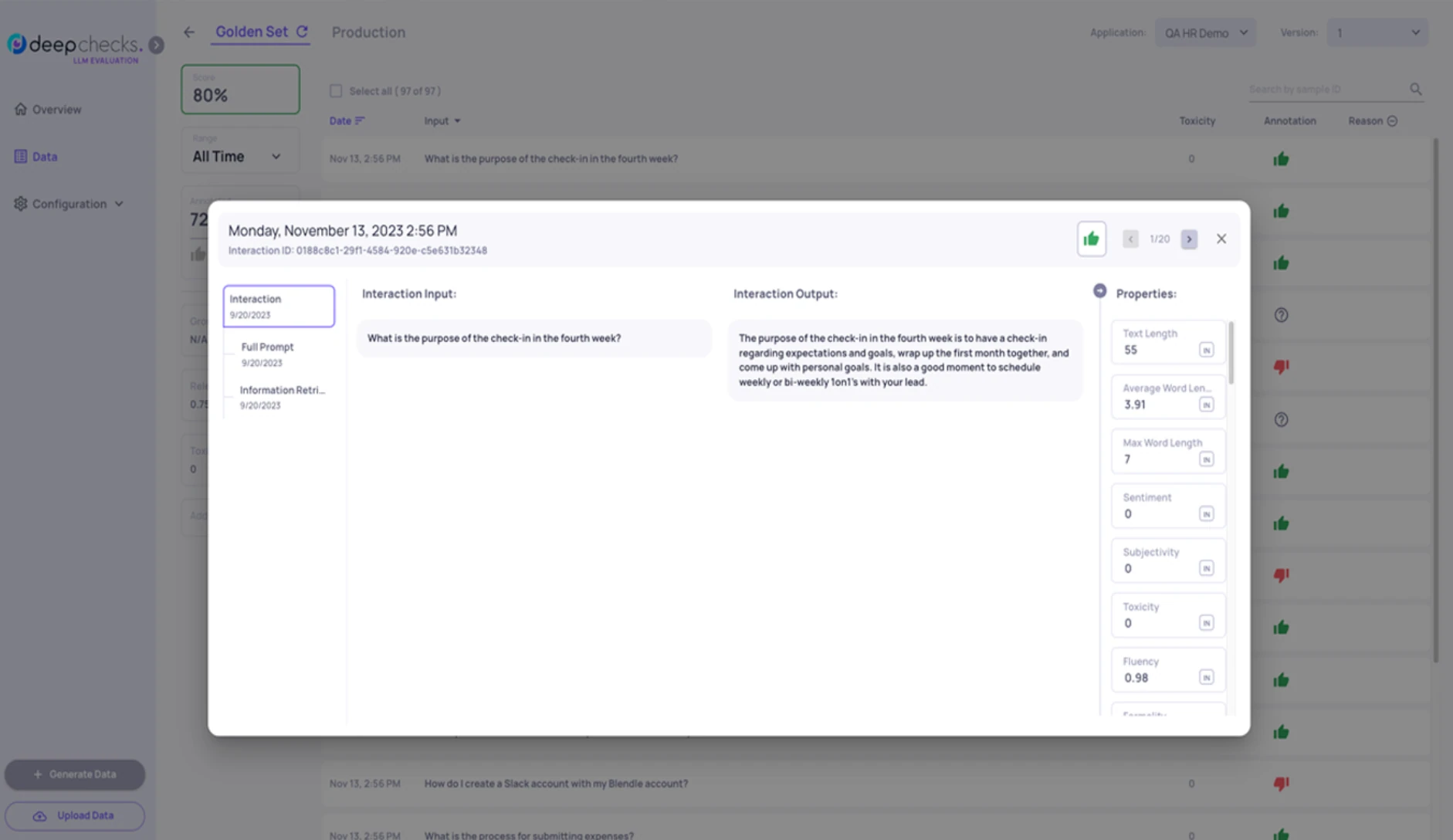 Deepchecks interaction dialog with an HR question, its answer and properties like text length, toxicity and fluency over a golden set list