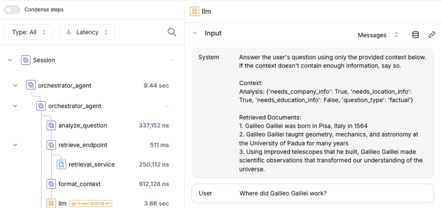 Galileo span tree for an orchestrator agent with latencies, next to the LLM span's system prompt, retrieved documents and user question