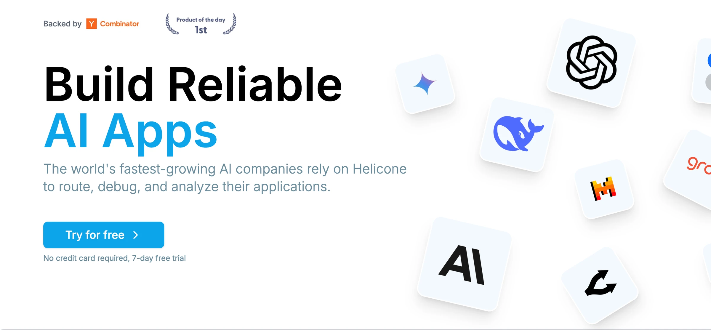 Helicone landing page reading Build Reliable AI Apps with a Try for free button and model provider logos