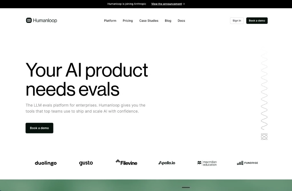 Humanloop homepage headlined Your AI product needs evals, with a joining Anthropic banner and customer logos
