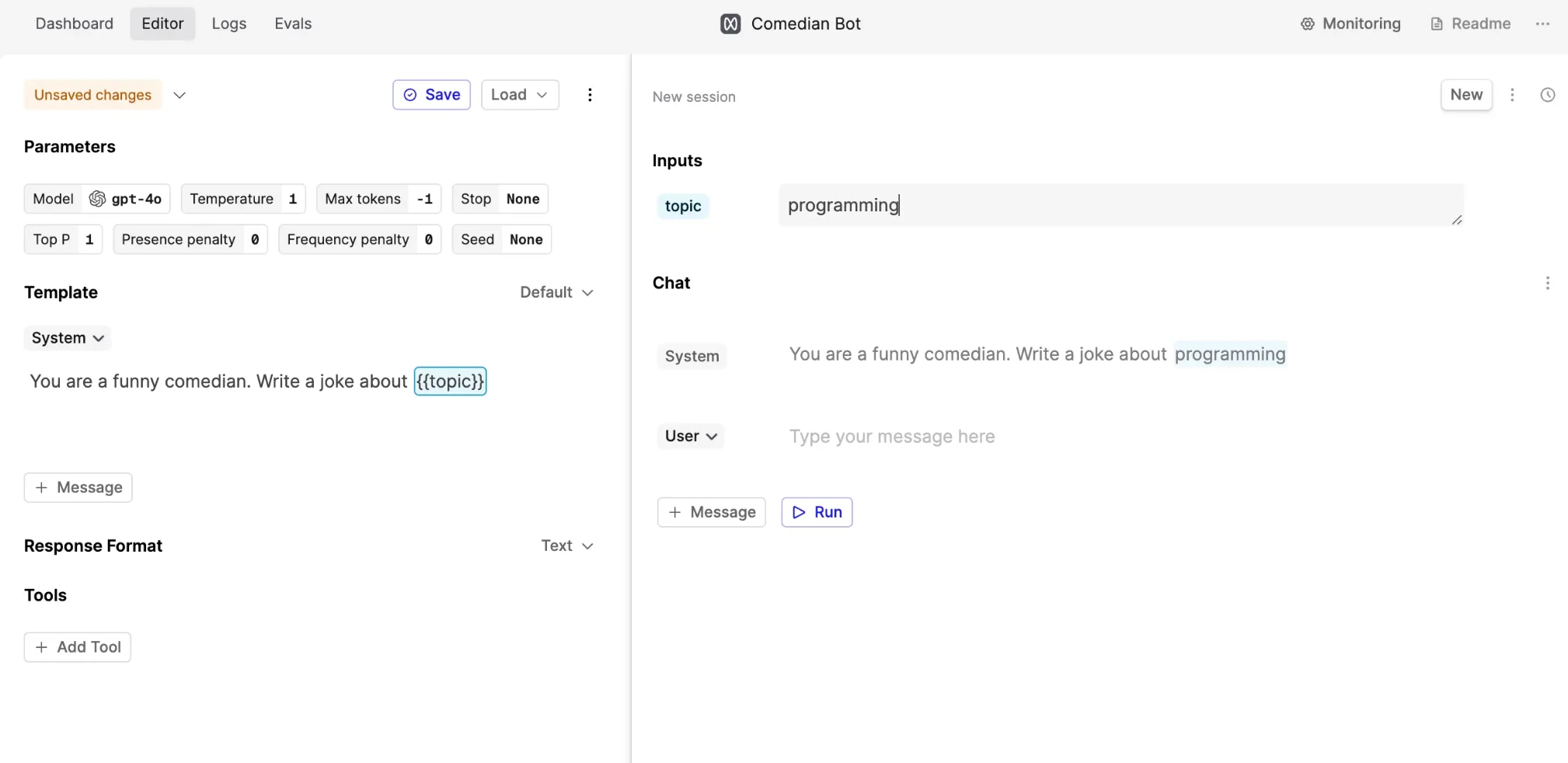 Humanloop editor for a Comedian Bot prompt with gpt-4o parameters, a {{topic}} template and a chat panel to run it