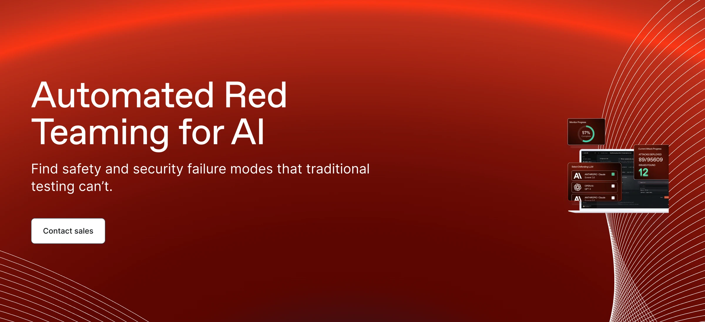 Lakera page headlined Automated Red Teaming for AI, with a Contact sales button and attack progress cards