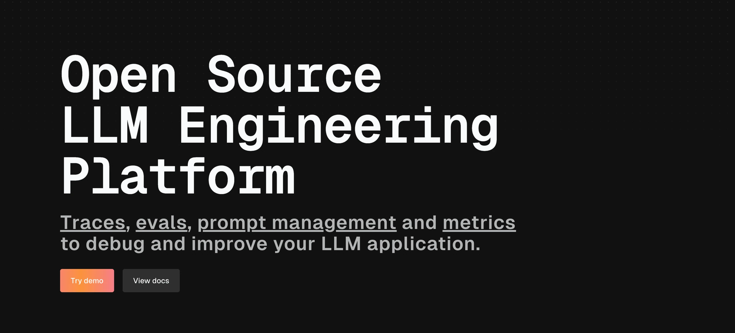 Langfuse hero reading Open Source LLM Engineering Platform, with Try demo and View docs buttons