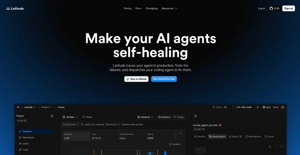 Latitude landing page reading Make your AI agents self-healing, above a preview of its traces and sessions view