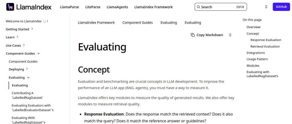 LlamaIndex docs page titled Evaluating, describing response and retrieval evaluation, with a sidebar of evaluation guides