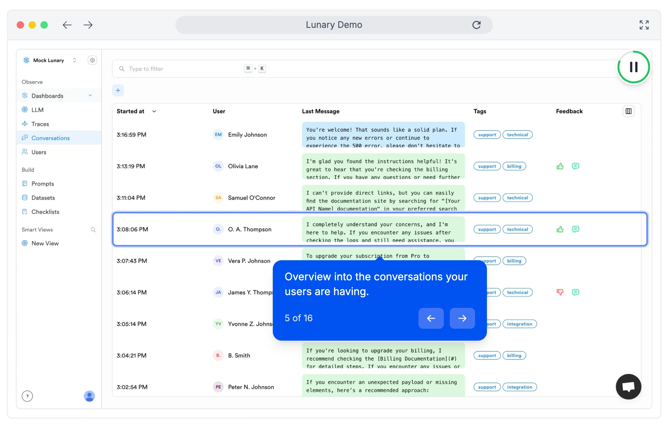 Lunary Conversations table with users, last messages, support tags and feedback icons, and a tour tooltip