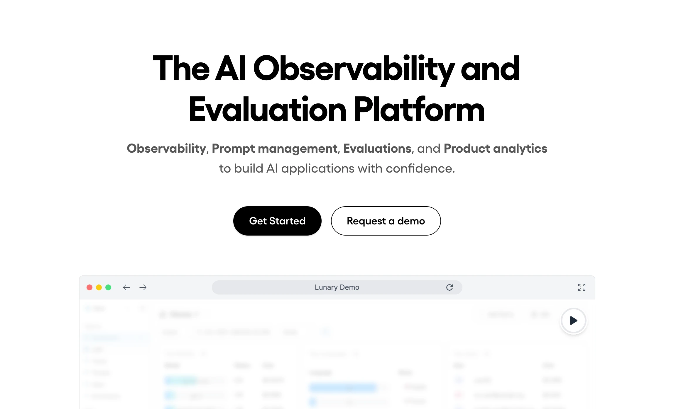 Lunary landing page reading The AI Observability and Evaluation Platform, with Get Started and Request a demo buttons