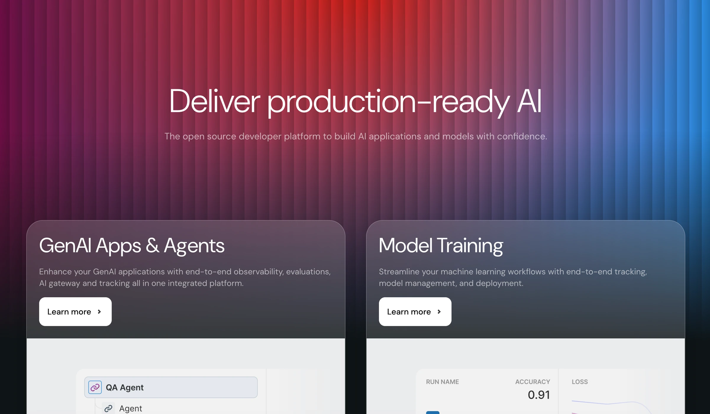 MLflow landing page reading Deliver production-ready AI, with GenAI Apps & Agents and Model Training cards