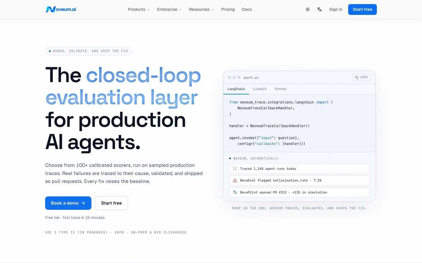 Noveum AI page reading The closed-loop evaluation layer for production AI agents, with a LangChain SDK code card
