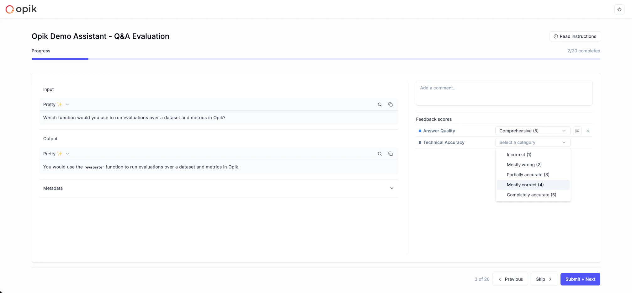 Opik annotation queue item with input, output, and Answer Quality and Technical Accuracy score dropdowns, 2 of 20 completed