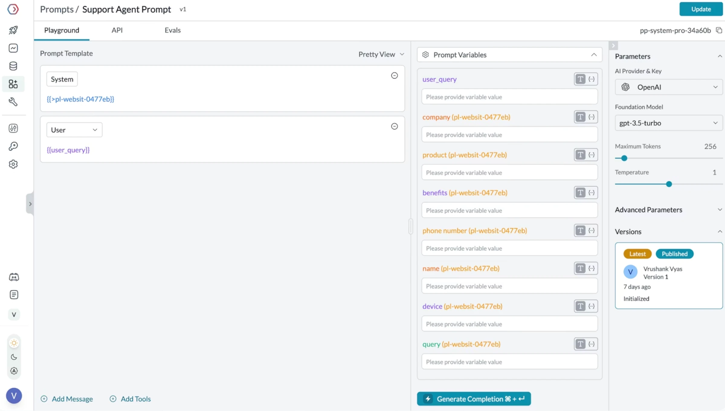 Portkey prompt editor with system and user templates, prompt variables, gpt-3.5-turbo parameters and a published version