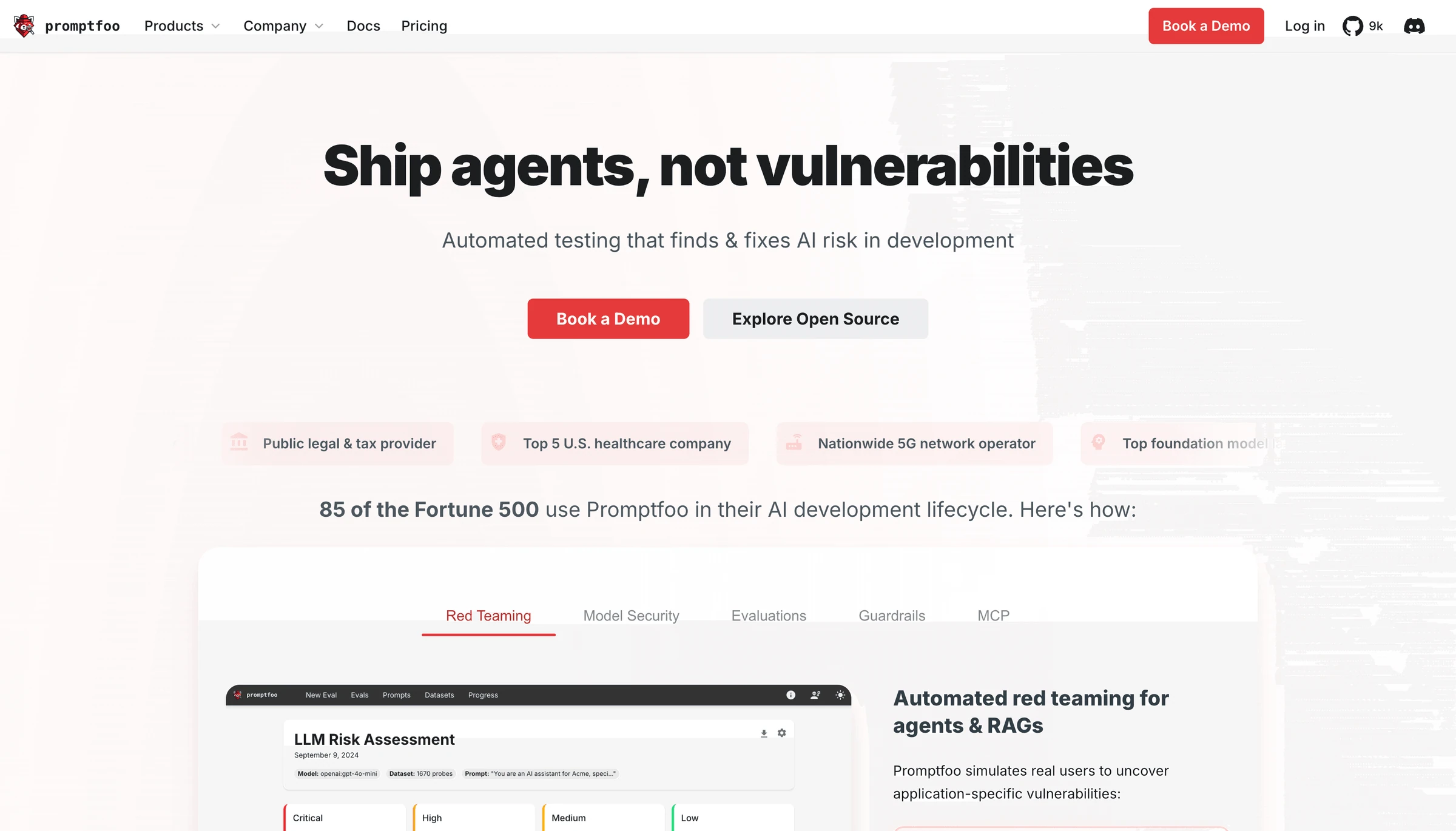 Promptfoo homepage headlined Ship agents, not vulnerabilities, with Red Teaming, Model Security, Evaluations, Guardrails and MCP tabs